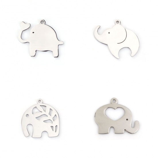 Picture of 304 Stainless Steel Pet Silhouette Pendants Elephant Animal Silver Tone 32mm(1 2/8") x 23mm( 7/8"), 1 Piece
