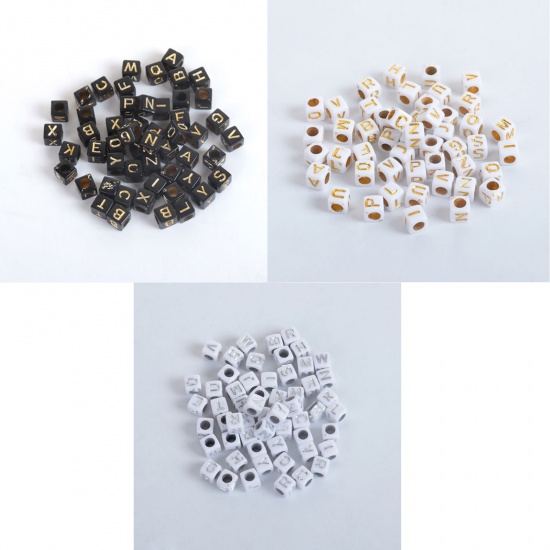 Picture of Acrylic Beads Square Gold At Random Initial Alphabet/ Letter Pattern