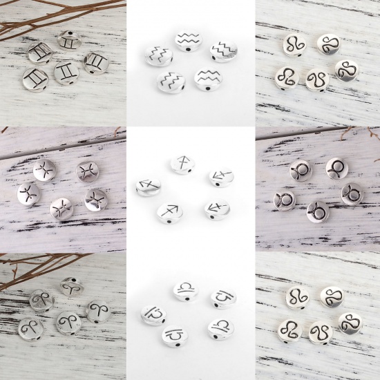 Picture of Zinc Based Alloy Spacer Beads Round Antique Silver Aries Sign Of Zodiac Constellations About 10mm Dia, Hole: Approx 1.3mm, 50 PCs