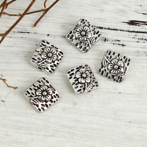Picture of Zinc Based Alloy Spacer Beads Square Antique Silver Hamsa Symbol Hand 11mm x 11mm, Hole: Approx 1.8mm, 50 PCs