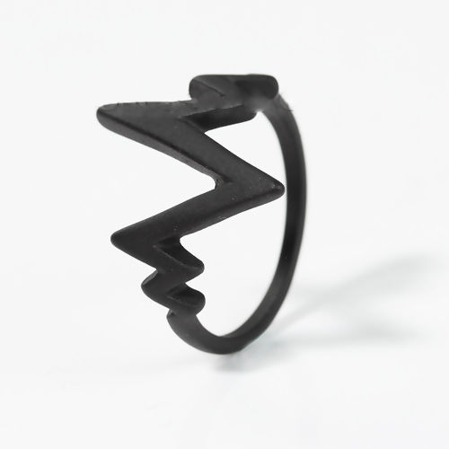 Picture of New Fashion Unadjustable Rings Black Heartbeat /Electrocardiogram 16.7mm( 5/8") US size 6.25, 1 Piece