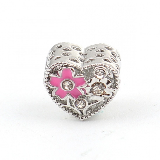Picture of Zinc Based Alloy European Style Large Hole Charm Beads Heart Gold Plated Flower Enamel Clear Rhinestone About 12mm( 4/8") x 11mm( 3/8"), Hole: Approx 5mm, 3 PCs