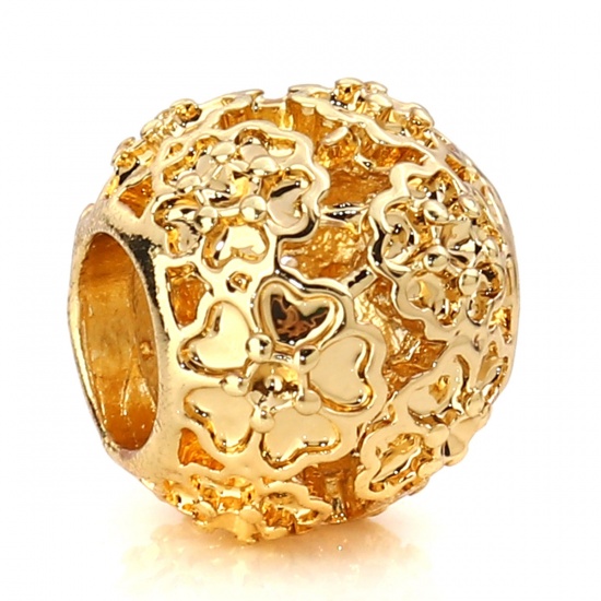 Picture of Zinc Based Alloy European Style Large Hole Charm Beads Round Rose Gold Flower About 11mm( 3/8") Dia, Hole: Approx 5mm, 10 PCs