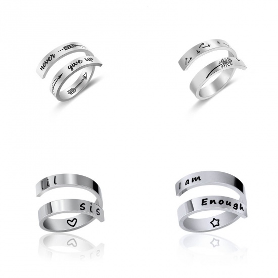 Picture of Titanium Steel Open Adjustable Rings Silver Tone " I am the storm " Multilayer 18.9mm(US Size 9), 1 Piece