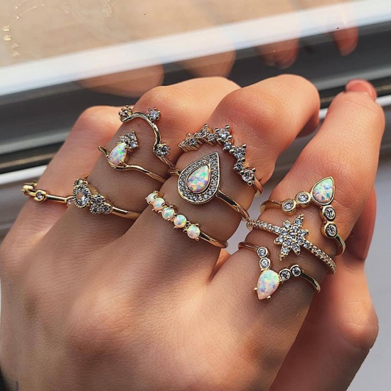 Picture of Knuckle Band Midi Rings Gold Plated White Drop Star Clear Rhinestone 18.5mm(US size 8.5) - 16mm(US size 5.25), 1 Set ( 12 PCs/Set)