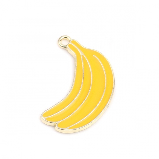 Picture of Zinc Based Alloy Charms Banana Fruit Gold Plated Green Enamel 28mm x 17mm, 5 PCs