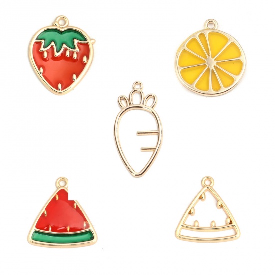 Picture of Zinc Based Alloy Charms Pineapple/ Ananas Fruit Gold Plated Green & Yellow Enamel 28mm x 17mm, 5 PCs