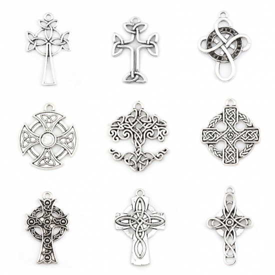 Picture of Zinc Based Alloy Celtic Knot Cabochon Settings Pendants Cross Antique Silver Carved Pattern (Fits 6mm Dia.) 40mm x 27mm, 20 PCs