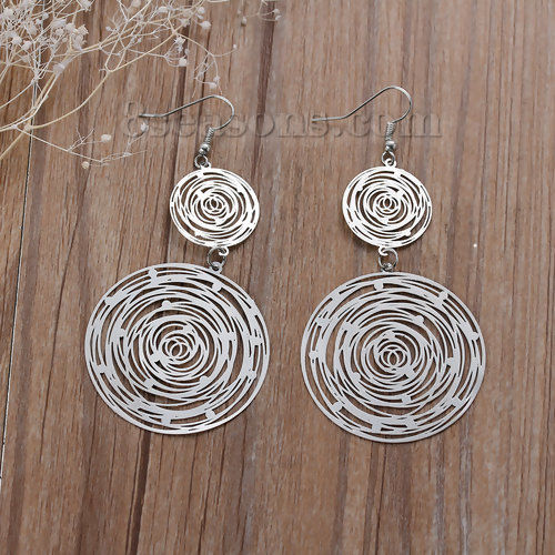 Picture of Copper Filigree Stamping Earrings Round Silver Tone Hollow 85mm(3 3/8") x 40mm(1 5/8"), Post/ Wire Size: (21 gauge), 1 Pair