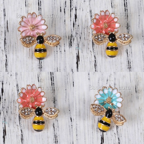 Picture of Zinc Based Alloy Charms Daisy Flower Yellow Light Blue Bee Clear Rhinestone Enamel 20mm( 6/8") x 18mm( 6/8"), 5 PCs