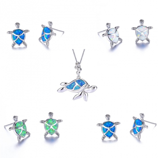 Picture of Necklace Silver Tone Blue Sea Turtle Animal 1 Piece