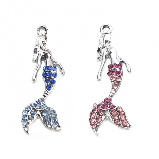 Picture of Zinc Based Alloy Charms Mermaid Silver Tone Blue Rhinestone 27mm x 10mm, 5 PCs