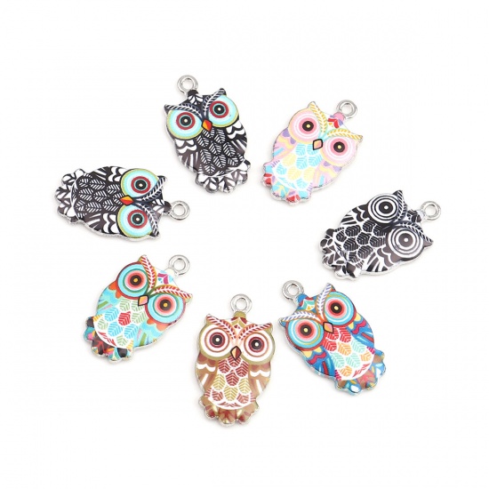 Picture of Zinc Based Alloy Halloween Charms Owl Animal Silver Tone Blue & Black Enamel 23mm x 13mm, 10 PCs