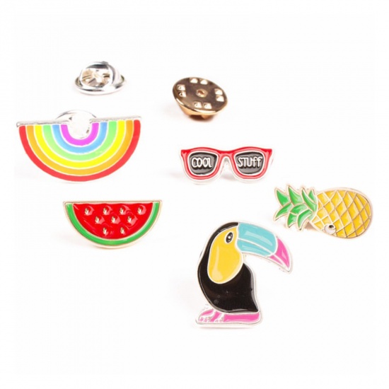 Picture of Pin Brooches Pineapple/ Ananas Fruit Gold Plated Green & Yellow 24mm x 12mm, 1 Piece