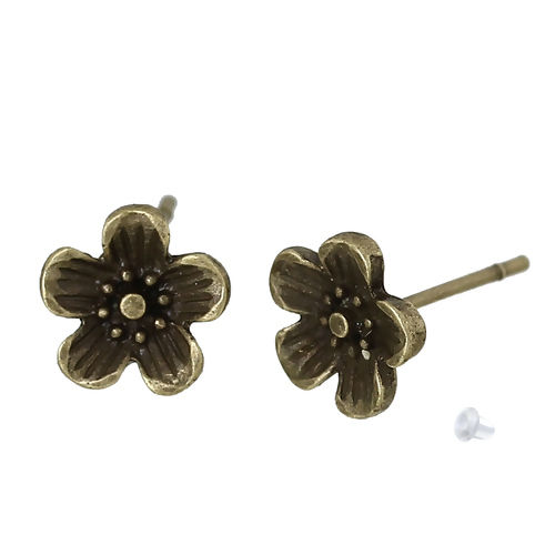 Picture of Earring Ear Post Stud Earrings Plum Blossom Flower Antique Bronze W/ Stoppers 8mm( 3/8") x 8mm( 3/8"), Post/ Wire Size: (21 gauge), 2 PCs