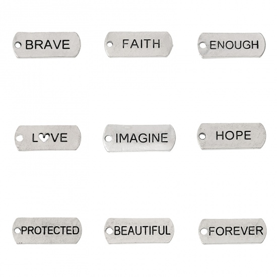 Picture of Zinc Metal Alloy Charm Pendants Rectangle Antique Silver Message " Protected " Carved 21mm( 7/8") x 8mm( 3/8"), 30 PCs