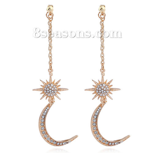 Picture of Ear Jacket Stud Earrings Gold Plated Half Moon Flower Clear Rhinestone 95mm(3 6/8") x 32mm(1 2/8"), 1 Pair