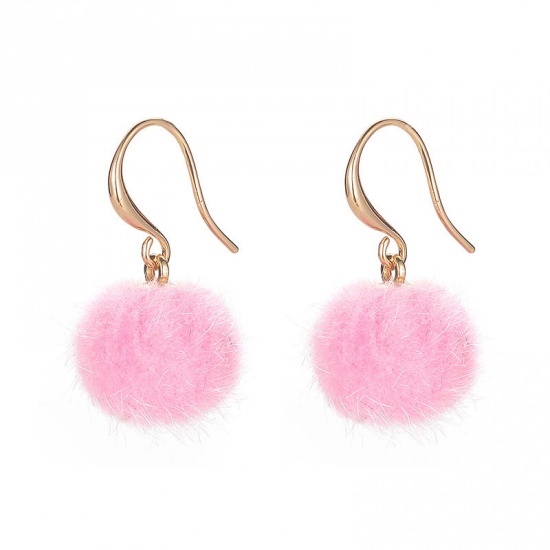 Picture of Copper Earrings Gold Plated Black Pom Pom Ball 3cm(1 1/8") x 1.5cm( 5/8"), 1 Pair