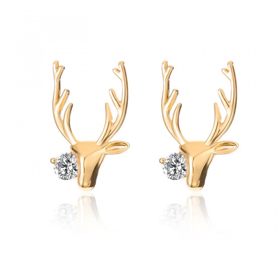 Picture of Copper Ear Post Stud Earrings Silver Tone Christmas Reindeer Clear Cubic Zirconia 27mm x 11mm, 1 Pair