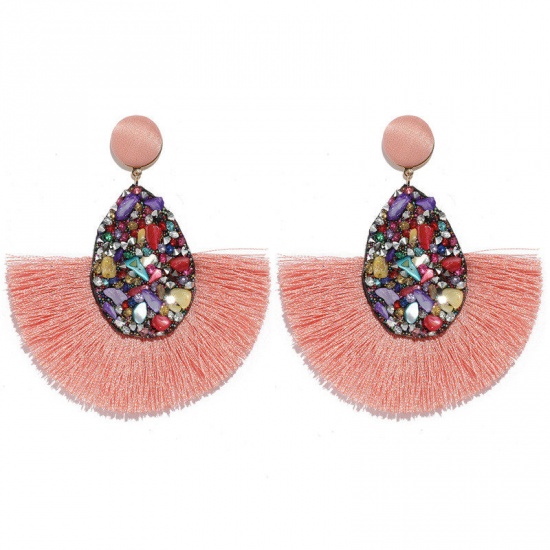Picture of Polyester Tassel Earrings Red Fan-shaped Drop 83mm x 80mm, 1 Pair