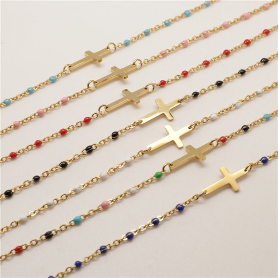 Picture of 304 Stainless Steel Bracelets Gold Plated Multicolor Enamel Cross 18cm(7 1/8") long, 1 Piece