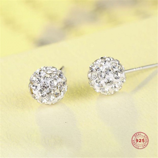 Picture of Sterling Silver Ear Post Stud Earrings Silver Color Ball Blue Cubic Zirconia 8mm Dia., 1 Pair