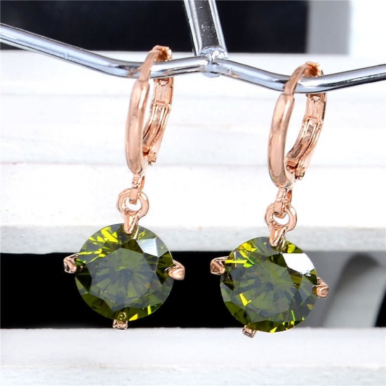Picture of Copper Birthstone Hoop Earrings Rose Gold Olive Green Round August Imitation Peridot 1 Pair