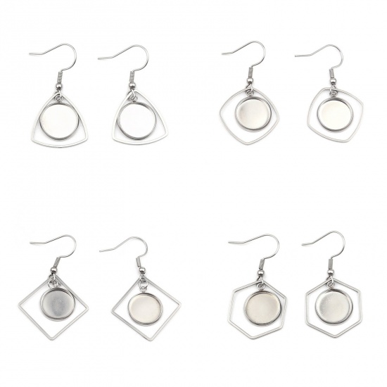 Изображение Stainless Steel Earrings Drop Silver Tone Cabochon Settings (Fits 12mm Dia.) 43mm x 17mm, Post/ Wire Size: (22 gauge), 4 PCs