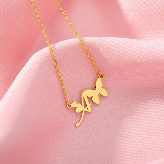 Picture of Stainless Steel Insect Necklace Gold Plated Butterfly Animal Initial Alphabet/ Capital Letter Message " A " 45cm(17 6/8") long, 1 Piece