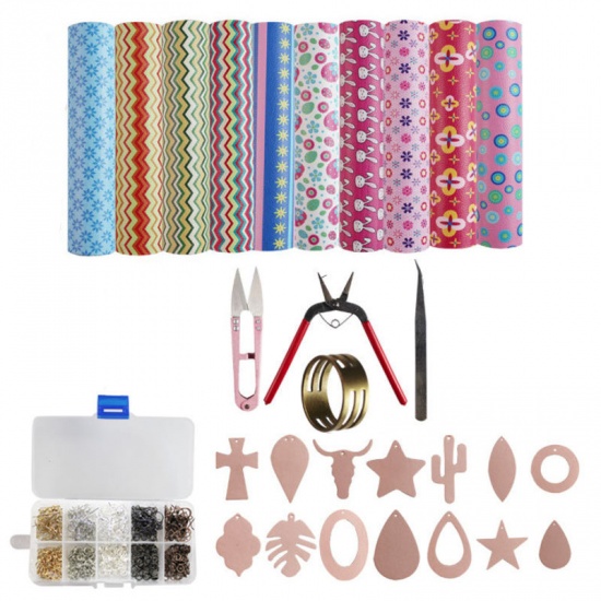 Picture of Mixed - Leather Earring Making Kit Include Instructions, Templates, 4 Kinds of Faux Leather Sheets and Tools for Making Leather Earrings, Bows and Crafts，1 Set