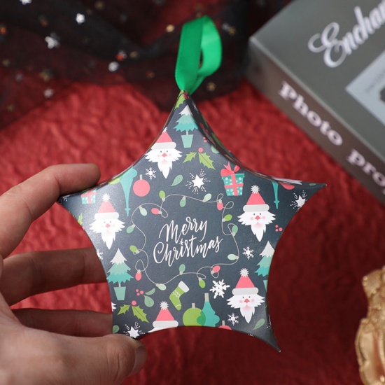 紙 キャンディーボックス 濃緑 星 クリスマス?サンタクロース 12cm x 12cm、 1 個 の画像