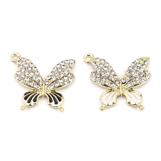 Picture of Zinc Based Alloy Micro Pave Insect Charms Butterfly Animal Gold Plated White Enamel Clear Rhinestone 22mm x 22mm, 3 PCs