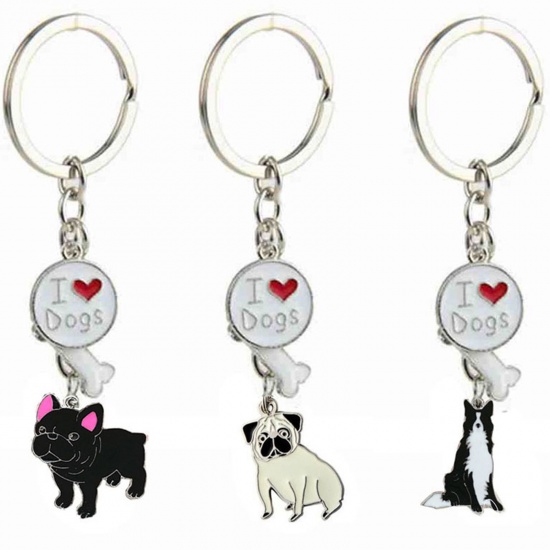Picture of Pet Memorial Keychain & Keyring Silver Tone Gray Schnauzer Animal Bone Message " I Love Dogs " Enamel 10cm, 1 Piece