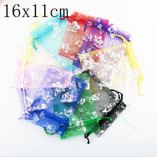 Picture of Wedding Gift Organza Drawstring Bags Rectangle Multicolor Butterfly 16cm x11cm(6 2/8" x4 3/8"), 20 PCs