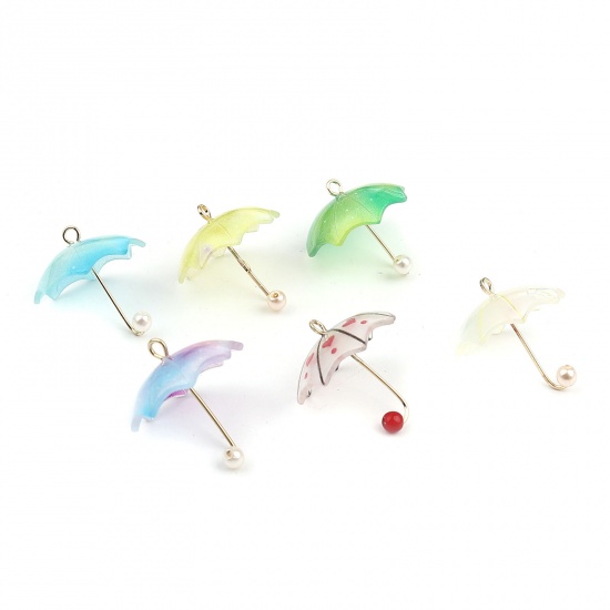 Picture of Zinc Based Alloy & Resin Charms Umbrella Gold Plated Blue Imitation Pearl 20mm x 18mm, 5 PCs