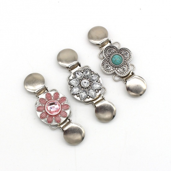 Picture of Pin Brooches Sweater Clip Flower Antique Silver Color Pink Rhinestone 90mm x 35mm, 1 Piece