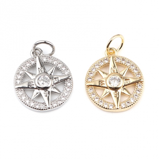 Immagine di Rame Galassia Charms 18K Platino Placcato Tondo Stella Micro Spianare Trasparente Strass 19mm x 13mm, 2 Pz