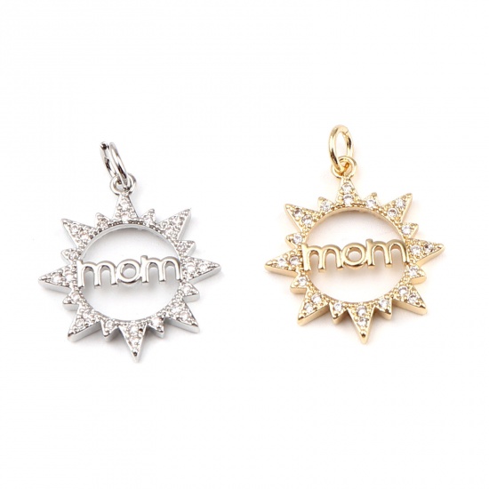 Picture of Copper Micro Pave Charms 18K Real Platinum Plated Sun Message " Mom " Clear Rhinestone 25mm x 19mm, 1 Piece