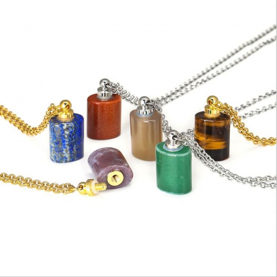 Picture of (Grade B) Gold Sand Stone ( Synthetic ) Necklace Silver Tone Brown Red Cylinder Essential Oil Bottle 70cm(27 4/8") long, 1 Piece