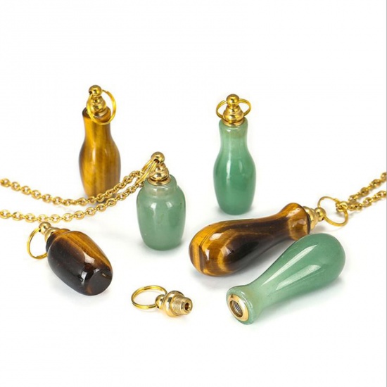 Picture of (Grade A) Green Aventurine ( Natural ) Necklace Gold Plated Light Green Essential Oil Bottle 70cm(27 4/8") long, 1 Piece