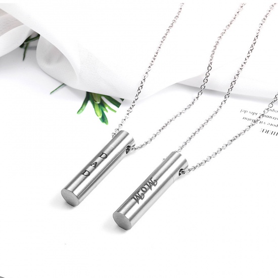 Picture of Stainless Steel Cremation Ash Urn Necklace Silver Tone Cylinder Message " Dad " Can Open 50cm(19 5/8") long, 1 Piece