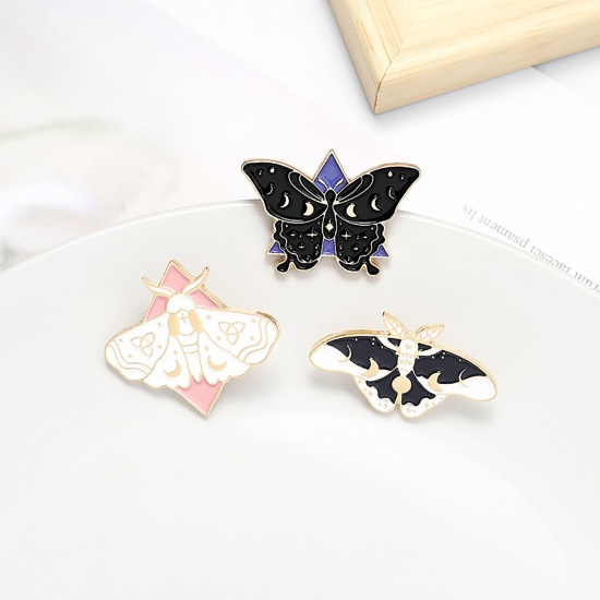 Picture of Pin Brooches Rhombus Butterfly White & Pink Enamel 31mm x 28mm, 1 Piece