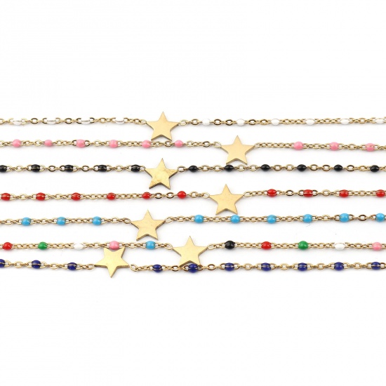 Picture of Stainless Steel Galaxy Anklet Gold Plated Light Blue Enamel Pentagram Star 23cm(9") long, 1 Piece