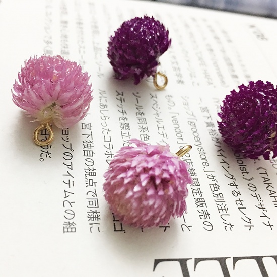 Picture of Zinc Based Alloy Handmade Resin Jewelry Real Flower Pendants Silver Tone Purple 3cm - 0.8cm, 2 PCs
