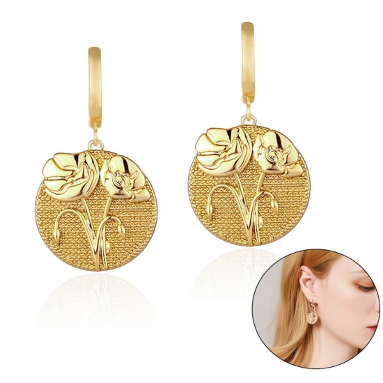 Picture of Copper Birth Month Flower Earrings 18K Real Gold Plated Round December 40mm x 15mm, 1 Pair