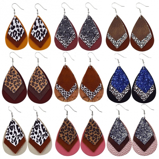 Picture of PU Leather Earrings Dark Red Drop Leopard Print Sequins 78mm x 38mm, 1 Pair