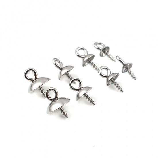 Picture of Stainless Steel Screw Eyes Bails Top Drilled Findings Silver Tone (Fits 8mm Dia.) 10mm x 8mm, 20 PCs