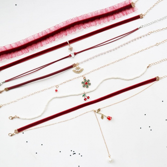 Picture of Fabric Choker Necklace Red Flower Leaves Heart 30cm(11 6/8") long, 1 Piece