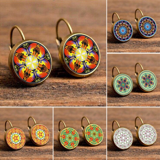 Picture of Copper & Glass Buddhism Mandala Hoop Earrings Silver Plated Multicolor Round Flower 18mm Dia., 1 Pair