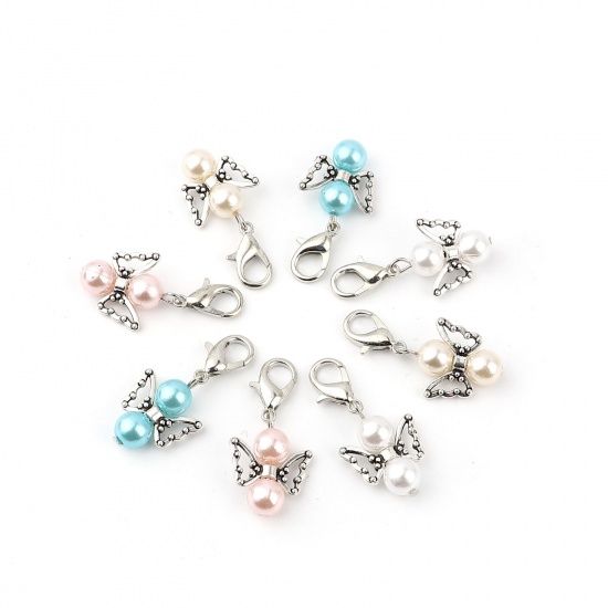 Picture of Zinc Based Alloy Insect Knitting Stitch Markers Angel Antique Silver Color White 38mm x 18mm, 5 PCs